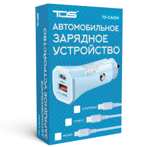 TDS TS-CAU54 Синий ЗУ авто USB + кабель Micro USB (Type-C, 2400mA)